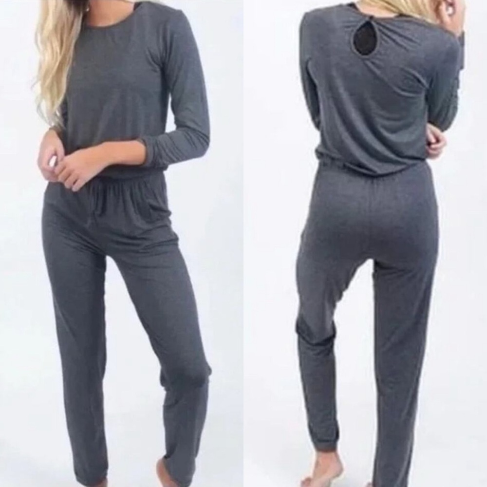 Zyia Active Long Sleeve Jumpsuit Gray Women Medium Athleisure Loungewear Stretch